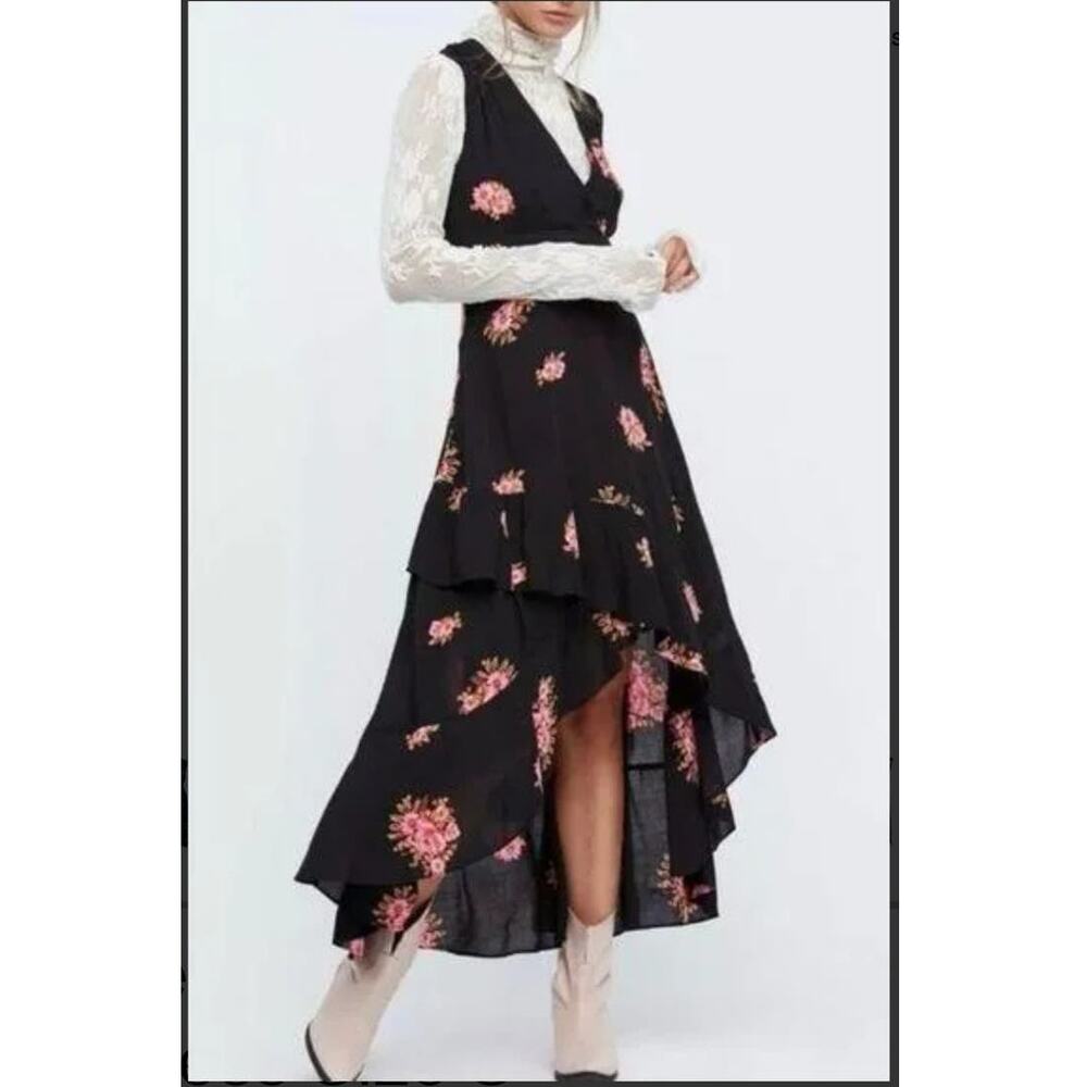 Free People Size 2 Black Floral High Low Flowy Sundress Short Maxi Midi  #631